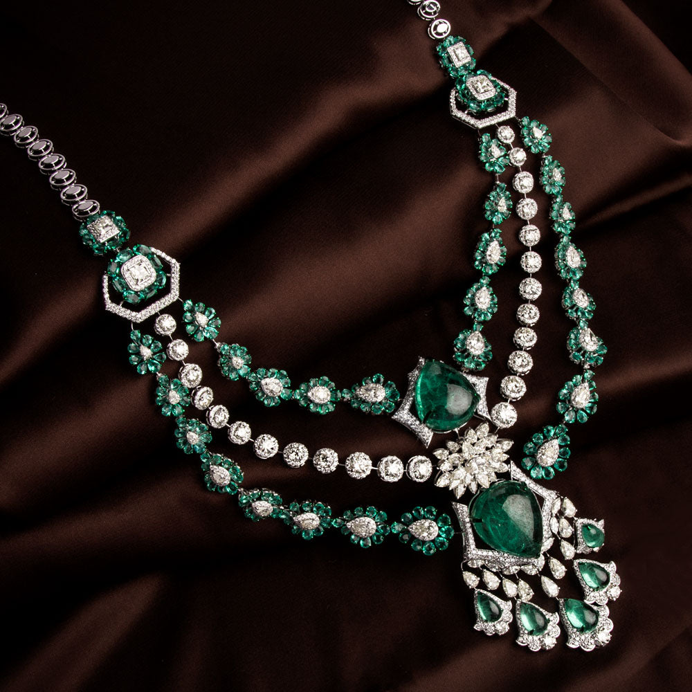14K White Gold Diamond Necklace - 40.94ct VVS-VS-IJ with Colour Stones