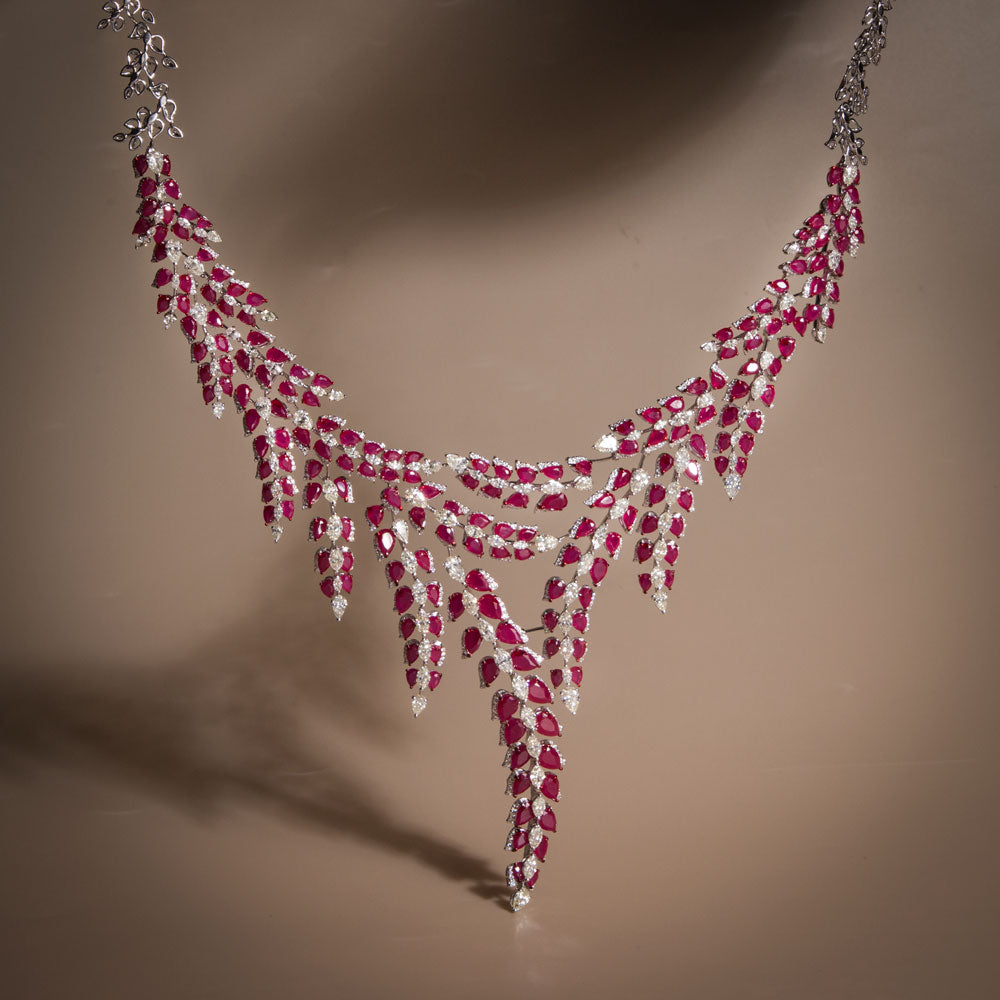 14K White Gold Diamond Necklace - 21.291ct VVS-VS-IJ with Colour Stones