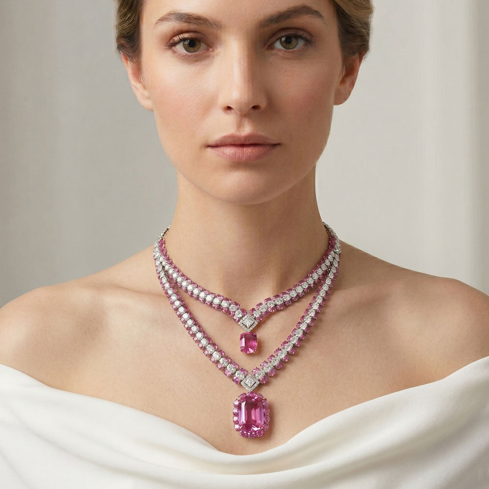14K White Gold Diamond Necklace - 28.486ct VS-SI-HI with Colour Stones