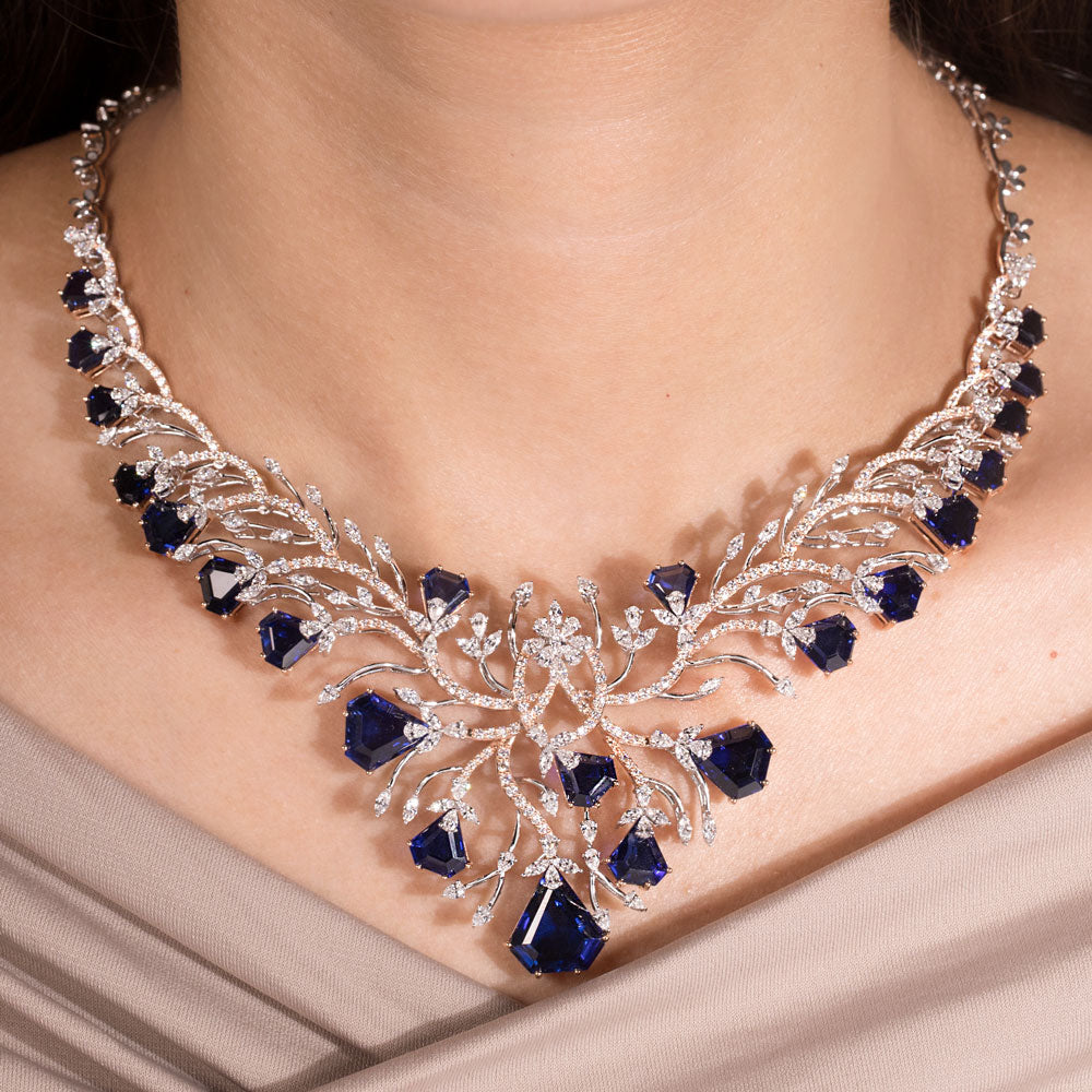 18K White Gold Diamond Necklace - 8.68ct VVS-EF with Colour Stones