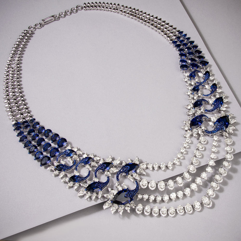 18K White Gold Diamond Necklace - 27.343ct VVS-VS-HI with Colour Stones