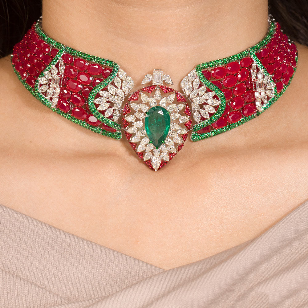 14K White Gold Diamond Necklace - 13.865ct VS-SI-JK with Colour Stones