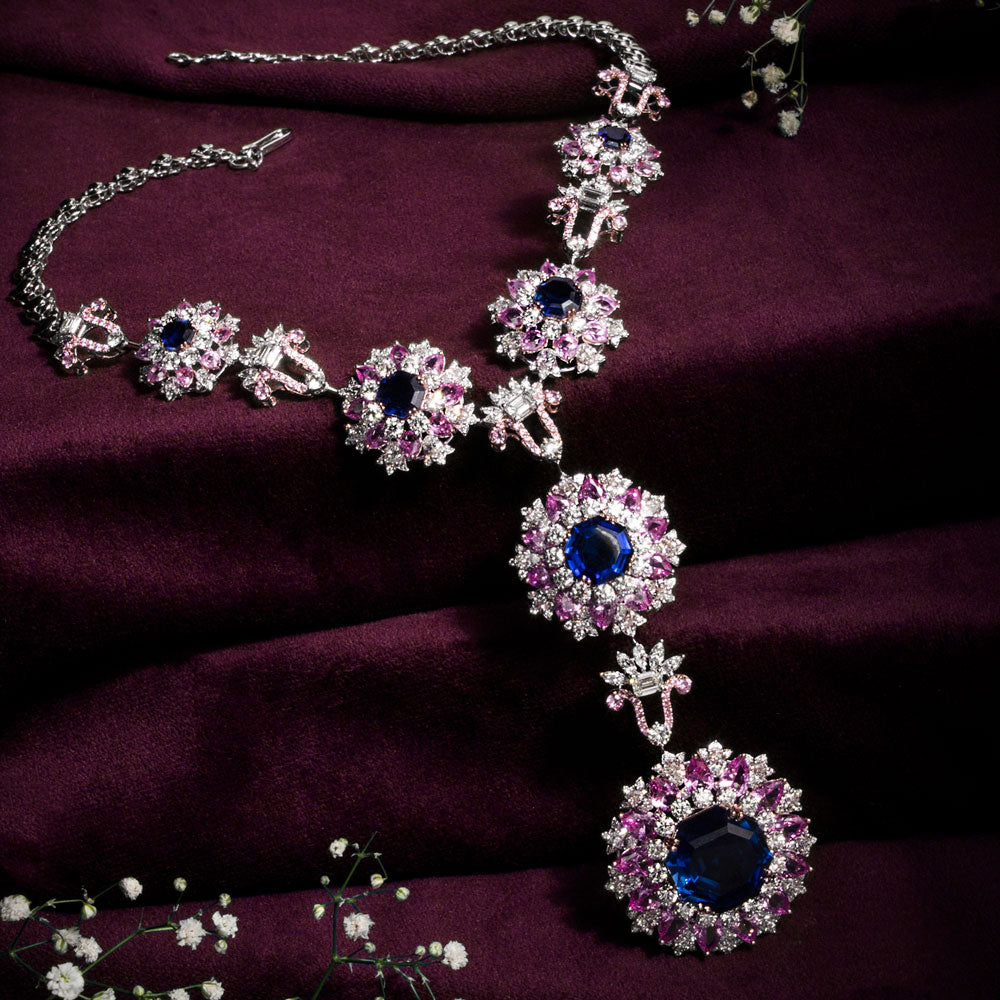 18K White Gold Diamond Necklace - 24.381ct VS-SI-FG with Colour Stones