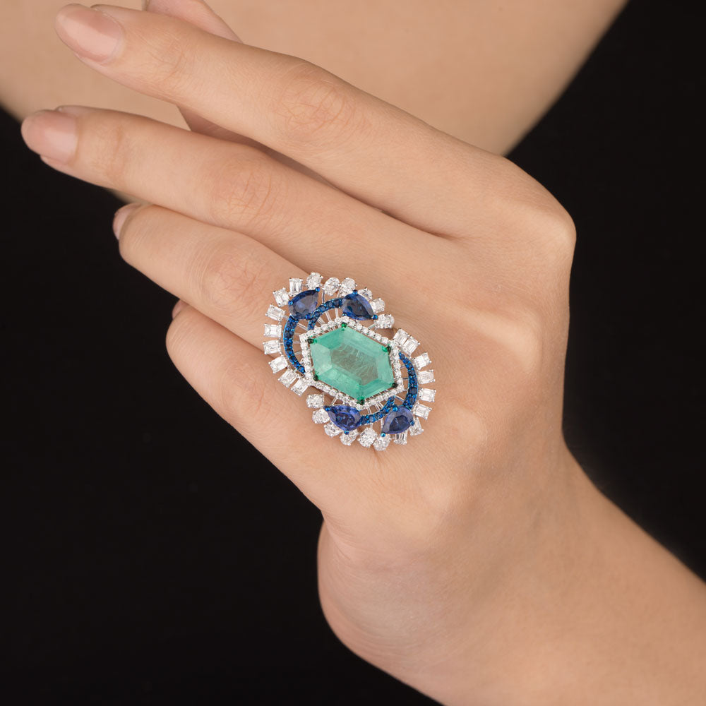 18K White Gold Diamond Ring - 2.42ct VVS-VS-EF with Colour Stones
