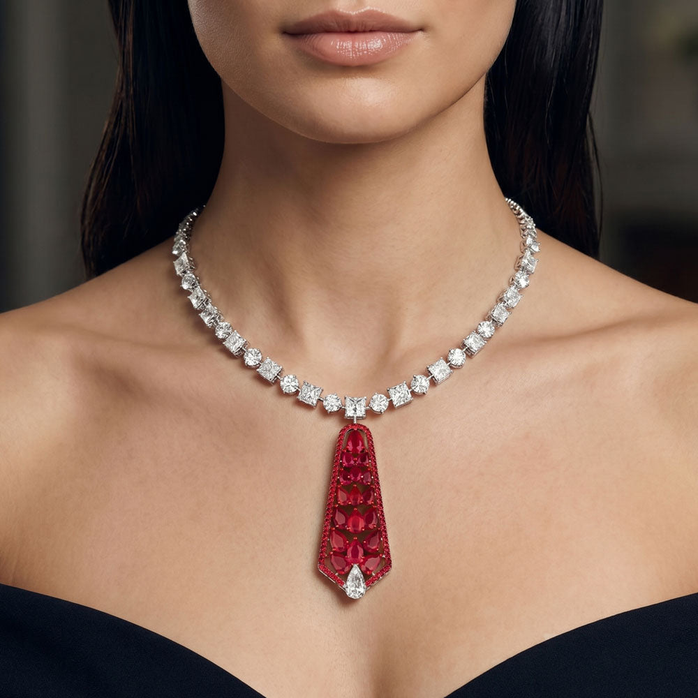 14K White Gold Diamond Necklace - 14.795ct VVS-VS-IJ with Colour Stones