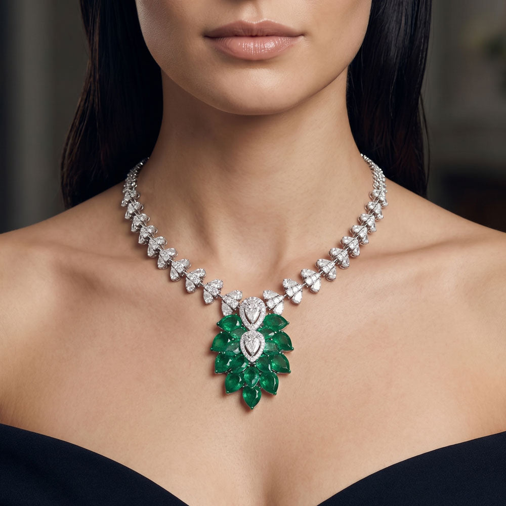 14K White Gold Diamond Necklace - 10.461ct VS-SI-JK with Colour Stones