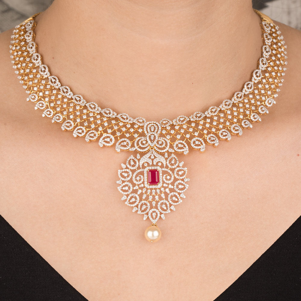 18K Yellow Gold Diamond Necklace - 8.361ct SI-IJ with Colour Stones