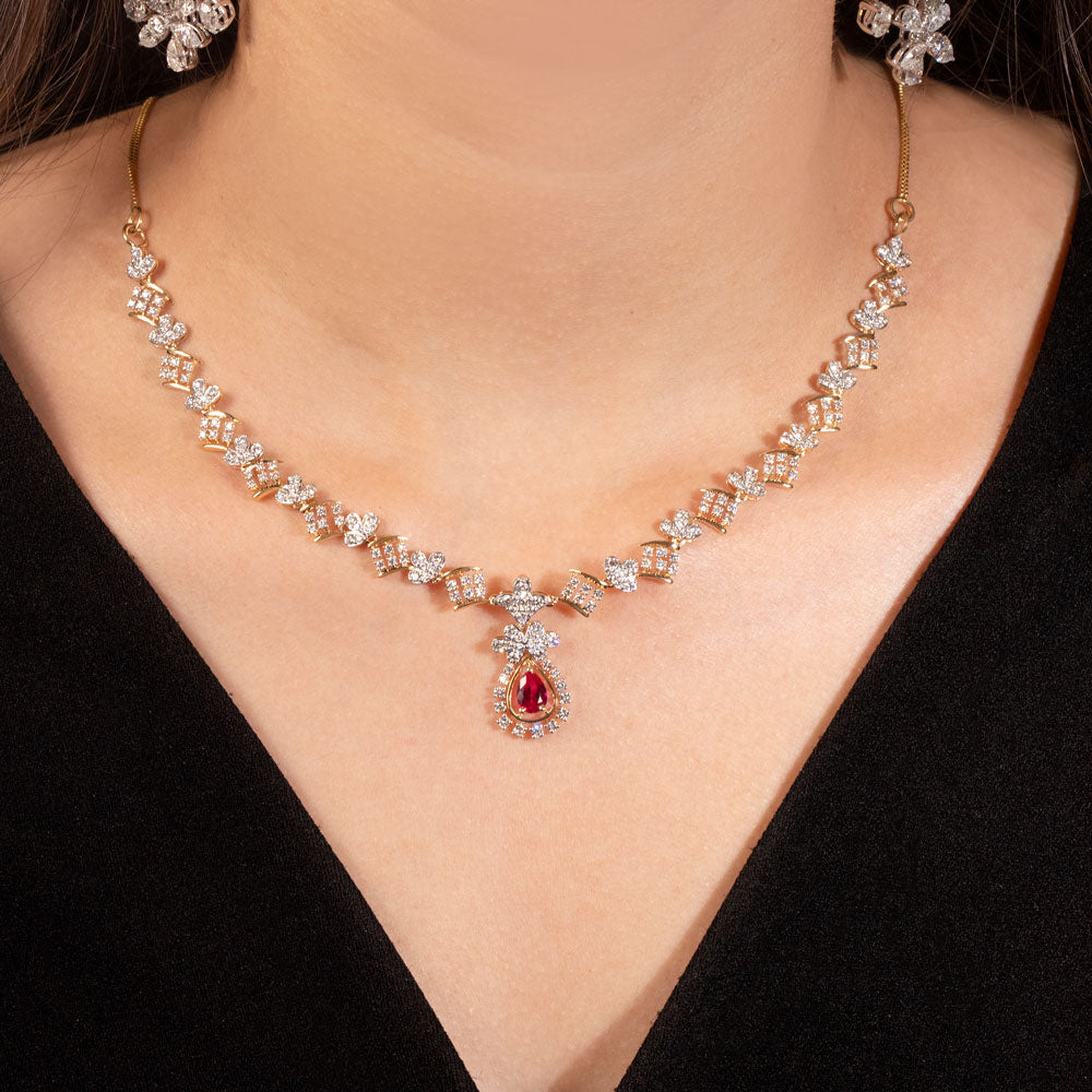 18K Yellow Gold Diamond Necklace - 3.05ct VVS-VS-GH with Colour Stones