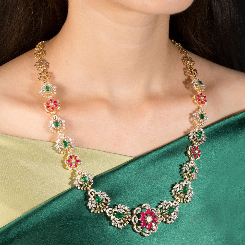 18K Yellow Gold Diamond Necklace - 12.261ct VVS-VS-GH with Colour Stones