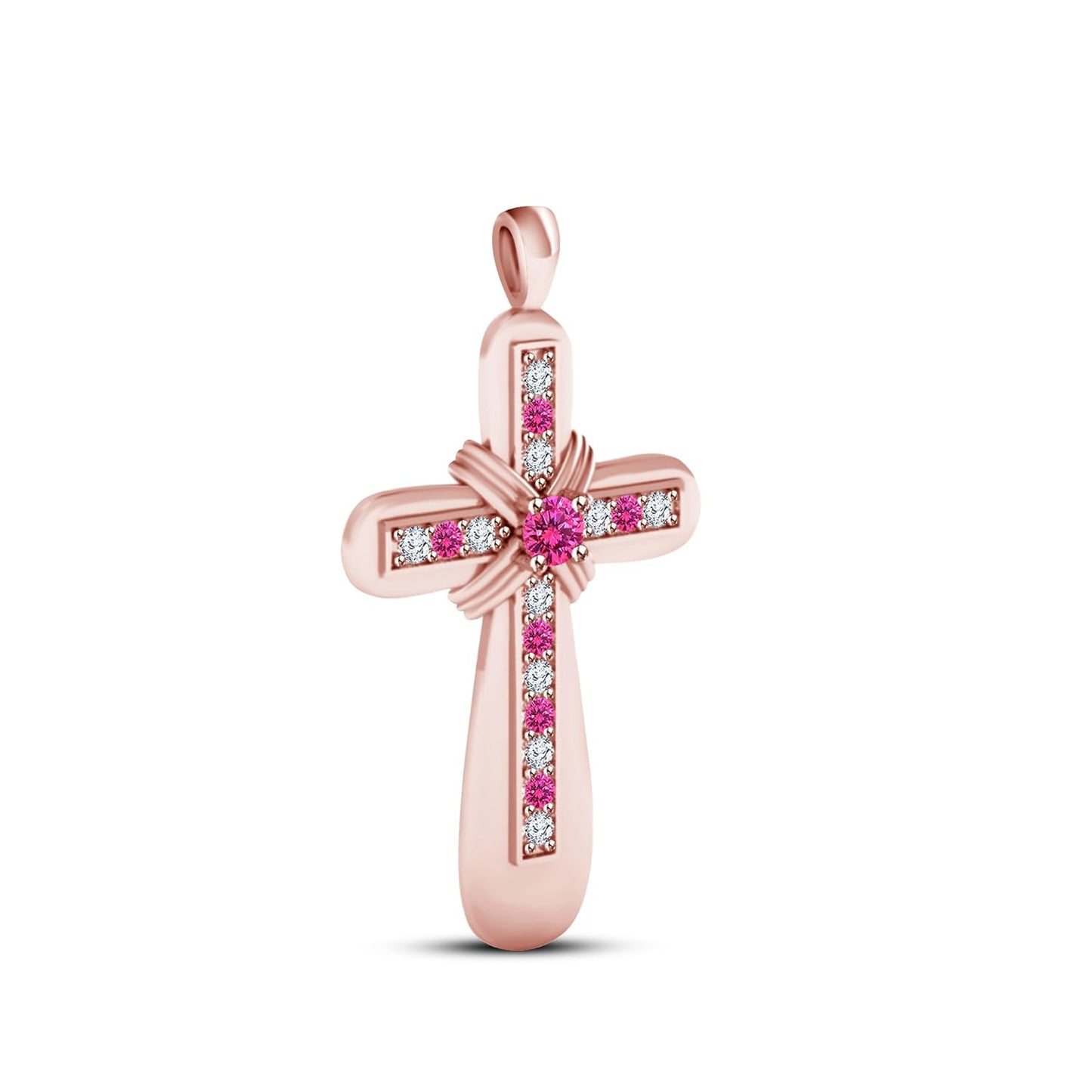 1 Ct Pink Sapphire and White CZ Diamond 14K Rose Gold Over 925 Sterling Cross Pendant Merry Christmas SECIAL OFFER