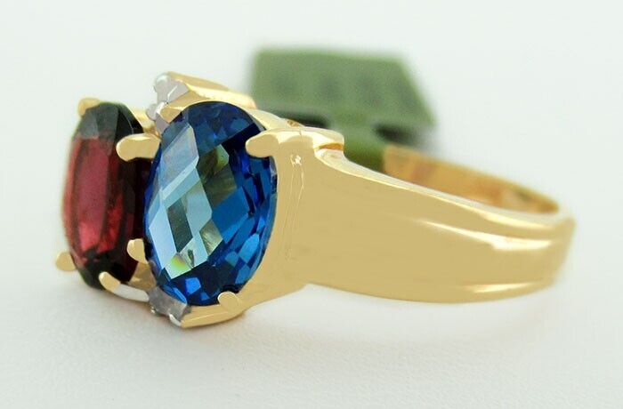 GENUINE 1.18 Cts ROYAL BLUE TOPAZ, GARNET & DIAMONDS RING 10K GOLD OVER