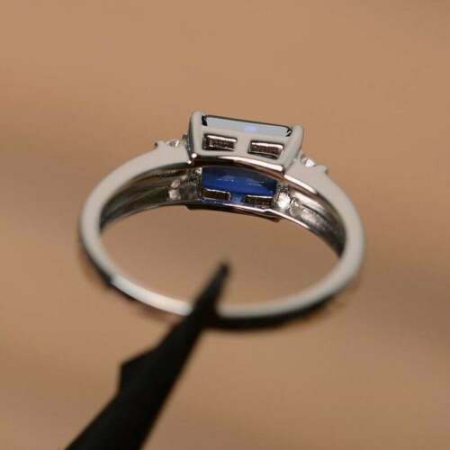 2.00 Ct Emerald Cut Blue Sapphire Solitaire Engagement Ring 14K White Gold Over On 925 Sterling Silver