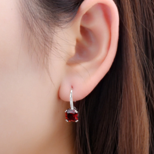 2.10 Ct Cushion Cut Red Garnet White Gold Over On 925 Sterling Silver Dangle Women's Earrings