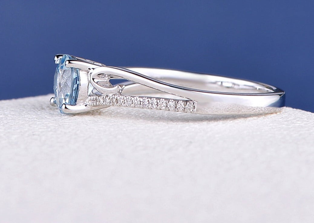1 CT 925 Sterling Silver Aquamarine Round Cut Diamond Engagement Women Ring
