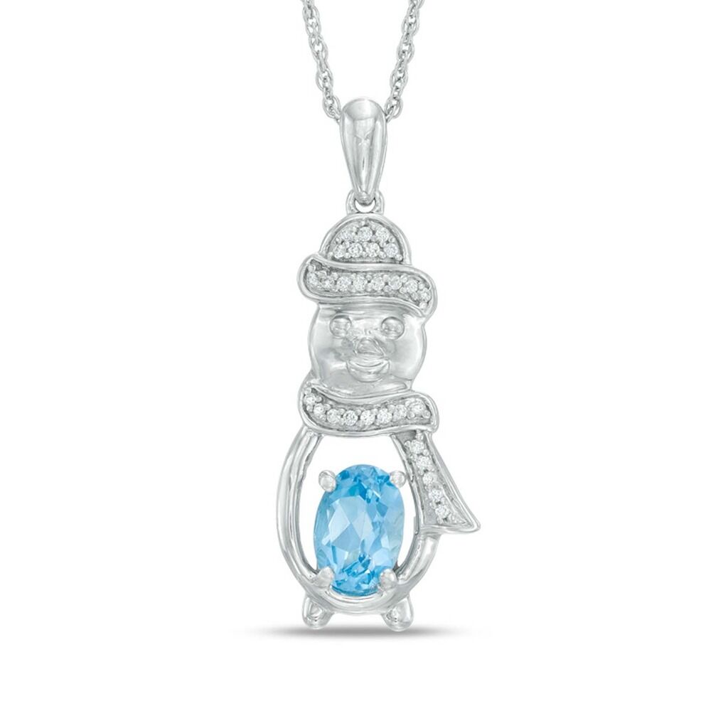 White Gold 925 Sterling Silver Oval Aquamarine & Round White CZ Snowman Pendant - atjewels.in