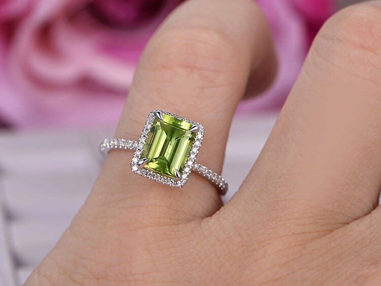2.5 CT Emerald Cut AAA Peridot 14k White Gold Over Halo Diamond Engagement Ring - atjewels.in