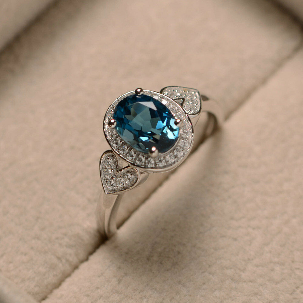 2 CT Oval Cut London Blue Topaz 14k White Gold Over Halo Heart Diamond Ring - atjewels.in