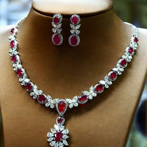Oval & Pear Cut Cabochon Ruby Drop 14k White Gold FN Diamond Necklace & Earrings - atjewels.in