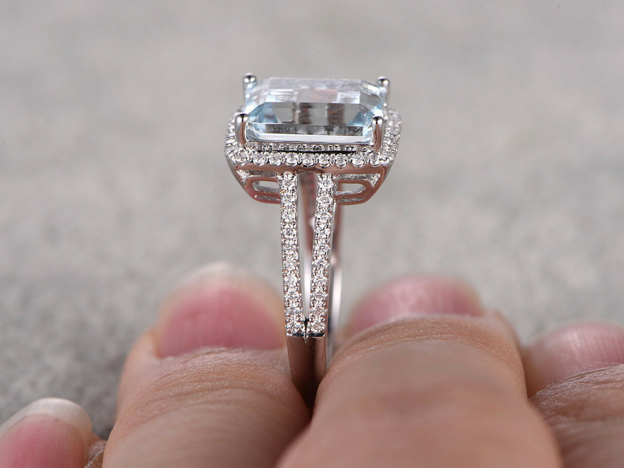 14k White Gold Over 4 CT Emerald Cut Aquamarine & Diamond Halo Split Shank Ring - atjewels.in