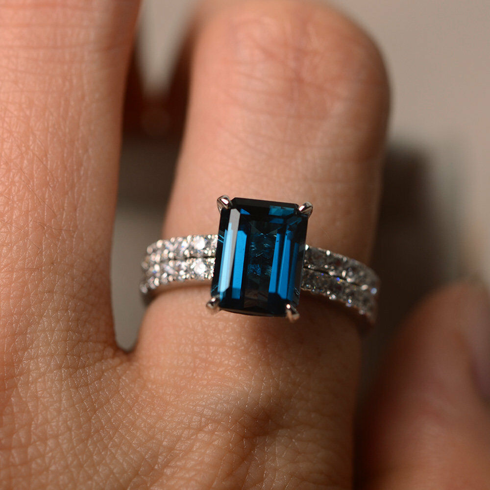 14k White Gold Over 2CT Emerald Cut London Blue Topaz Solitaire Diamond Set Ring - atjewels.in