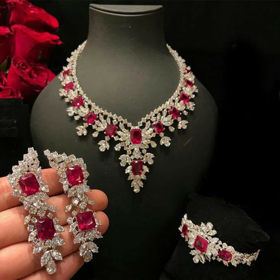 Cushion Cut Red Ruby 14k White Gold Over Engagement Wedding Diamond Jewelry Set - atjewels.in