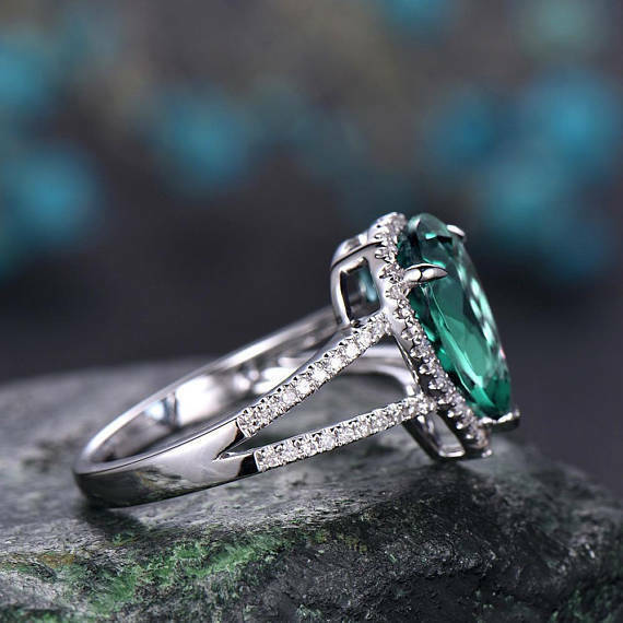 5 CT Pear Cut Emerald 14k White Gold Over Diamond Birthstone Halo Promise Ring - atjewels.in