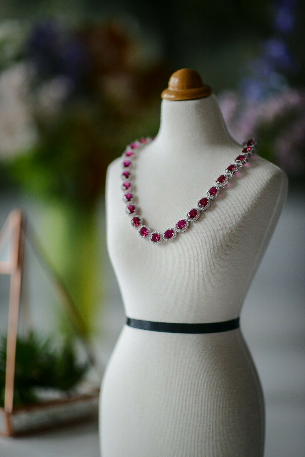 14k White Gold Over 30 CT Oval Cut Red Ruby & Diamond Halo Tennis 16" Necklace - atjewels.in