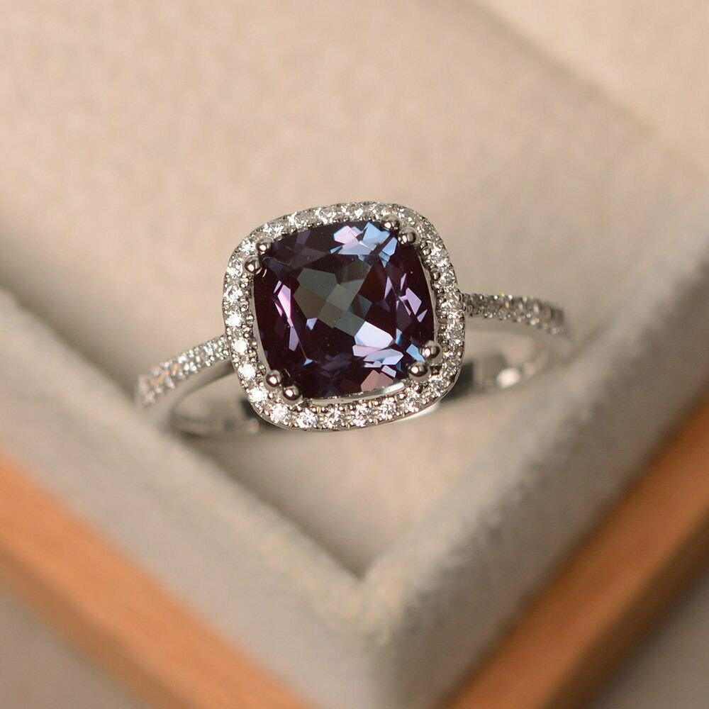 2 CT Cushion Cut Alexandrite 14k White Gold Over Halo Engagement Diamond Ring - atjewels.in