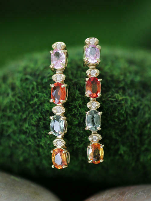 2 CT Oval Cut Multi Gemstone 925 Sterling Sliver Bar Drop Diamond Earrings