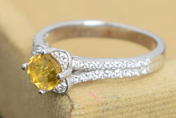 1 CT Round Cut Citrine Yellow Diamond 925 Sterling Silver Women Engagement Halo Ring