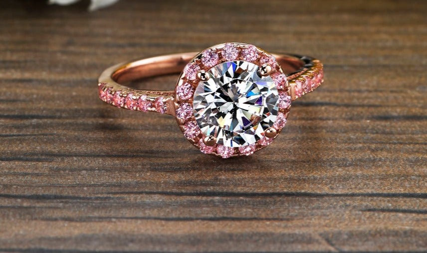 1 CT 925 Sterling Silver Pink Sapphire Round Cut Diamond Halo women Engagement Ring