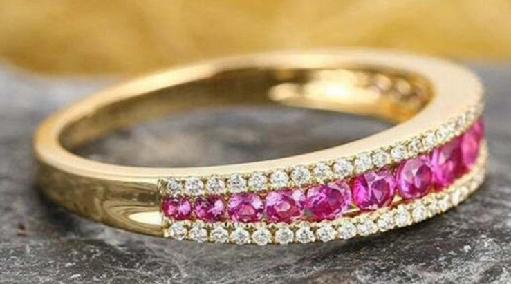 0.75 CT Round Cut Pink Sapphire Diamond 925 Sterling Silver Women Wedding Band Ring