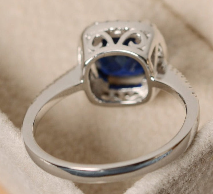 2 CT 925 Sterling Silver Blue Sapphire Cushion Cut Diamond Halo Engagement Ring