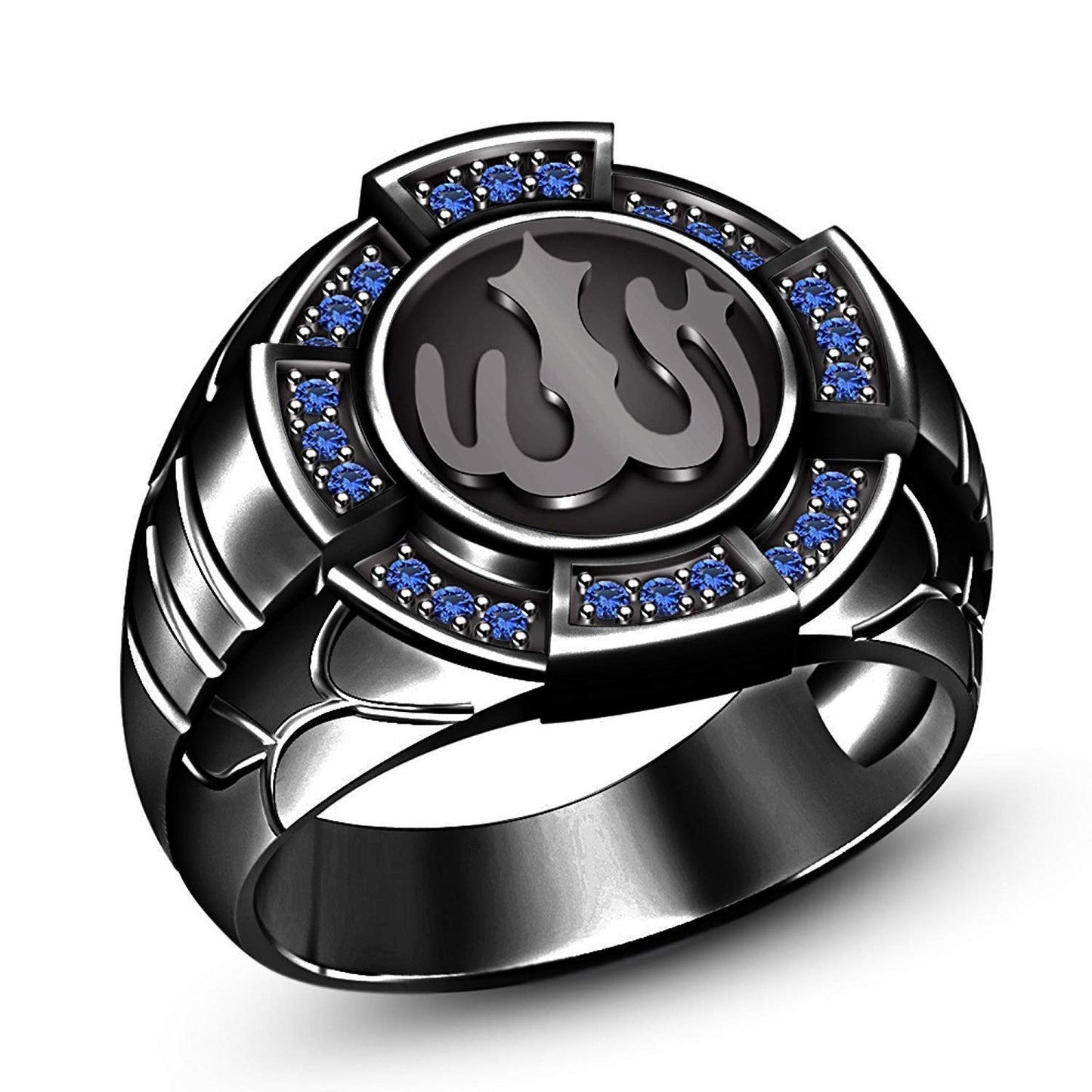 ATJewels Black Enamel with 14K Gold Plated Over 925 Sterling Silver Round Cut Blue Sapphire Allah Religious Engagement Wedding Anniversary Ring - atjewels.in