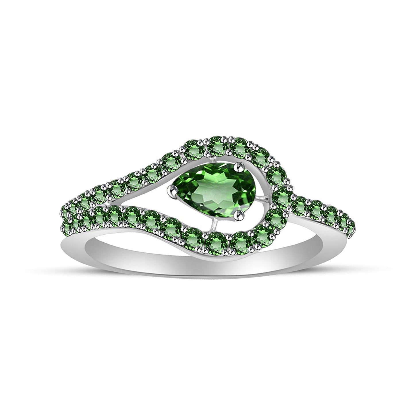 18K White Gold Over .925 Sterling Silver Green Pear Cut Solitaire With Accent Ring For Women - atjewels.in