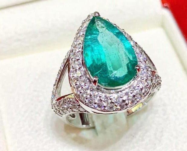 1 CT 925 Sterling Silver Green Emerald pear Cut Diamond Anniversary Halo Ring