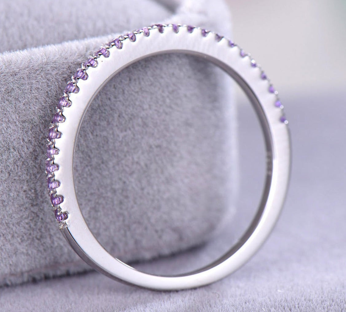 0.50 CT 925 Sterling Silver Purple Amethyst Round Cut Wedding Band Ring