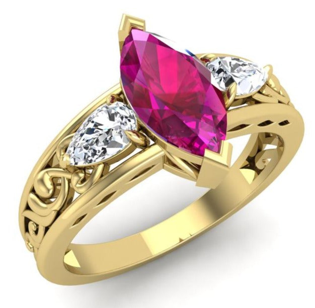 2 CT 925 Sterling Silver Red Ruby Marquis & Pear Cut Diamond Women Birthday Ring