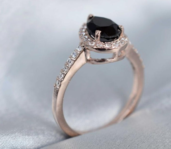 2 CT 925 Sterling Silver Pear Cut Black Cubic Zirconia Diamond Anniversary Halo Ring