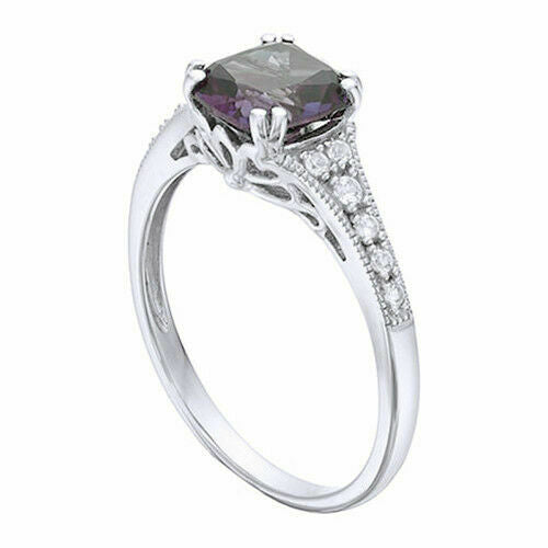 1 CT Cushion Cut Alexandrite 925 Sterling Silver Diamond Solitaire W/Accents Ring