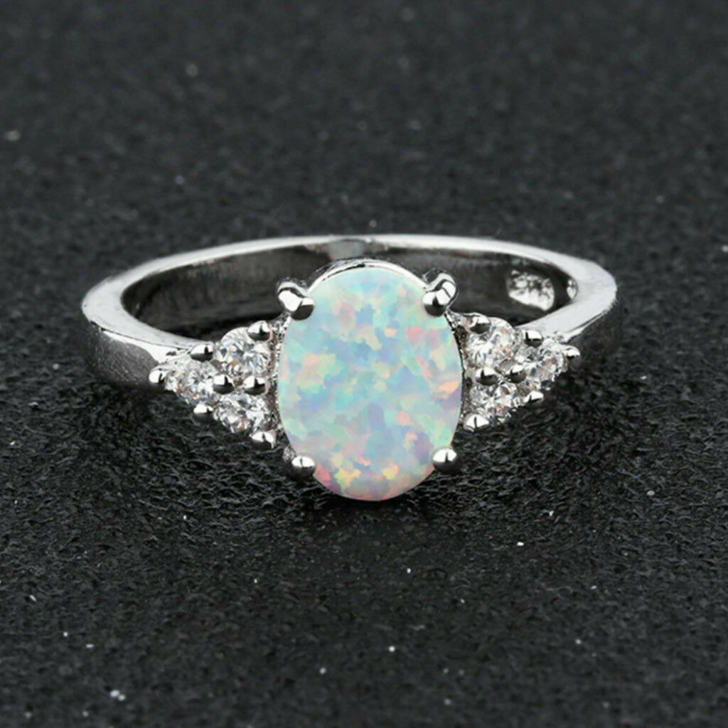 1 CT Oval Cut Fire Opal 925 Sterling Silver Solitaire Engagement Diamond Ring
