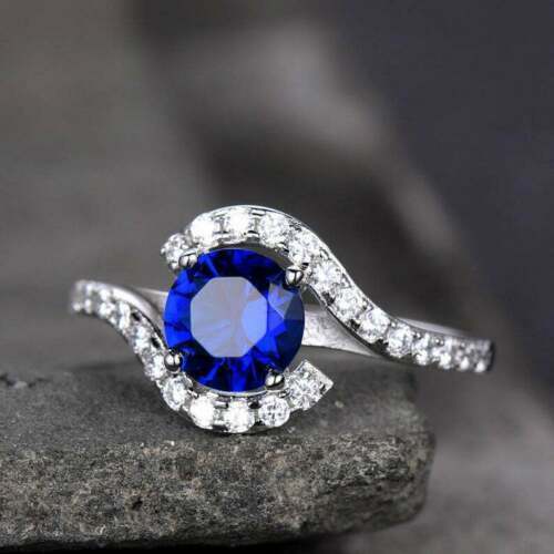 2.00 Ct Round Cut Blue Sapphire 14K White Gold Over On 925 Sterling Silver Bypass Promise Ring