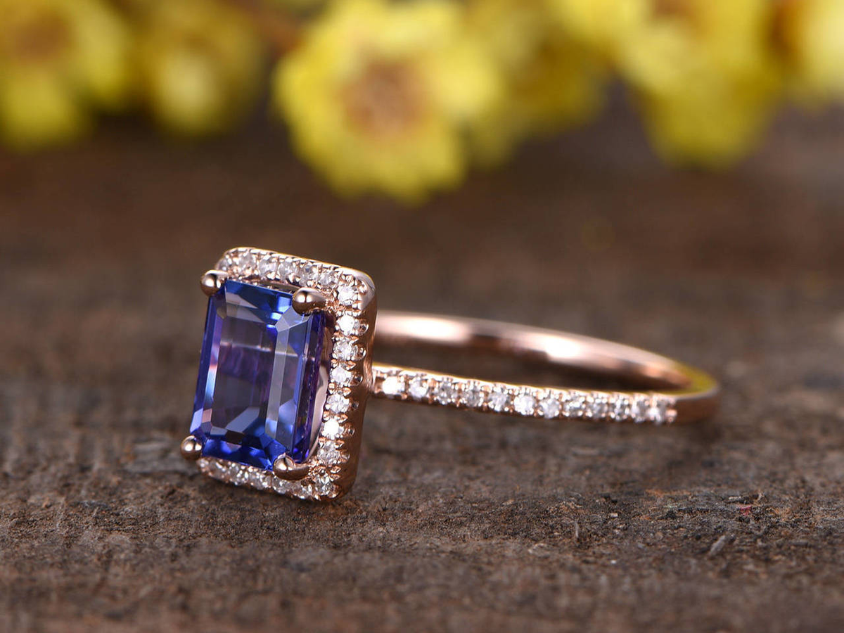 Ct Emerald Blue Tanzanite Halo Engagement Women's Ring 14K