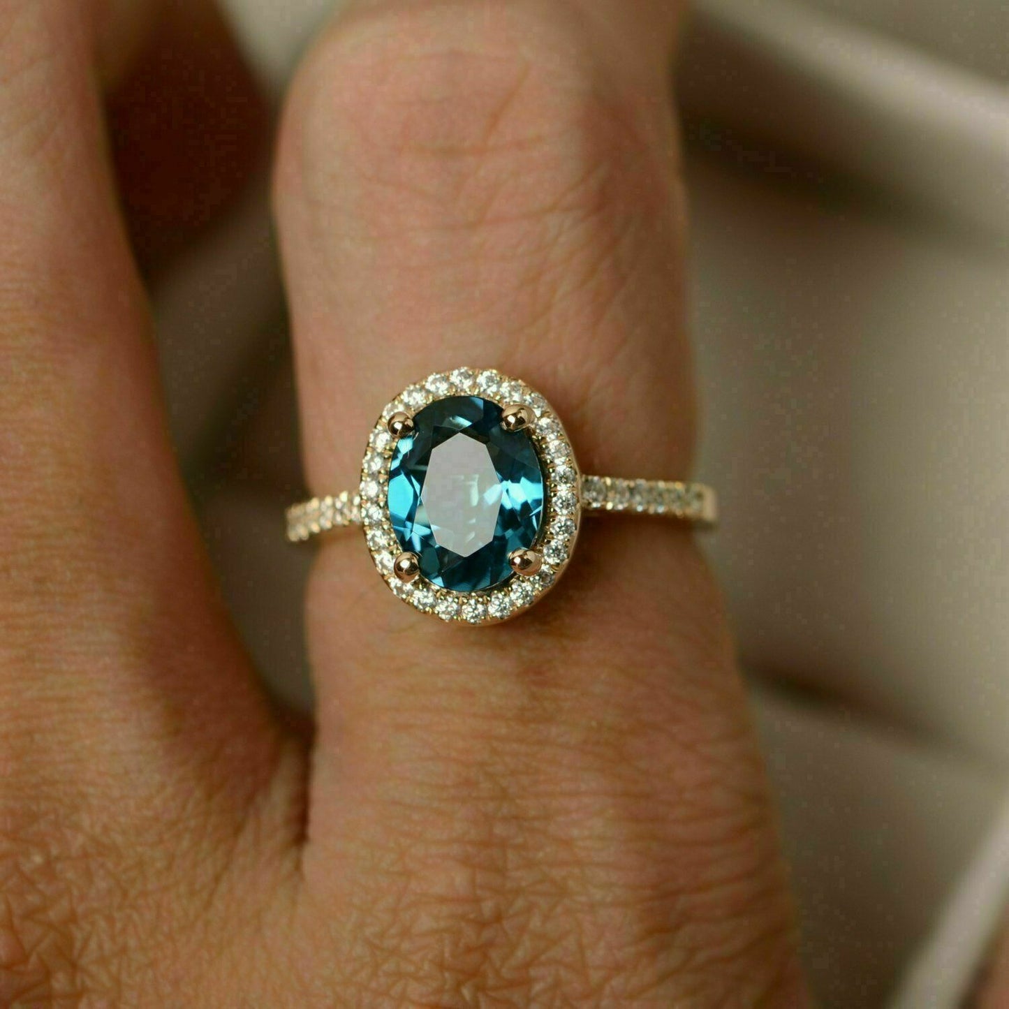 3 Ct Oval Cut London Blue Topaz 925 Sterling Silver Halo Women's Anniversary Gift Ring