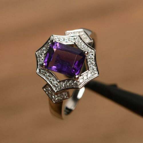 4.00 Ct Emerald Cut Amethyst 14K White Gold Over On 925 Sterling Silver Halo Engagement Ring