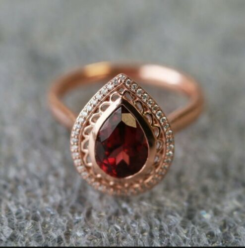 1.20 Ct Pear Cut Red Garnet Rose Gold Over On 925 Sterling Silver Anniversary Gift Ring For Her