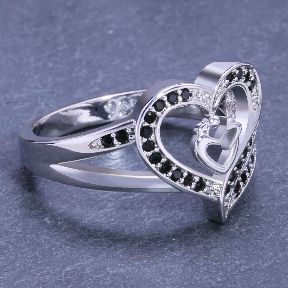 925 Sterling Silver 0.50 Ct Black & White Diamond Mother & Child Heart Shape Ring