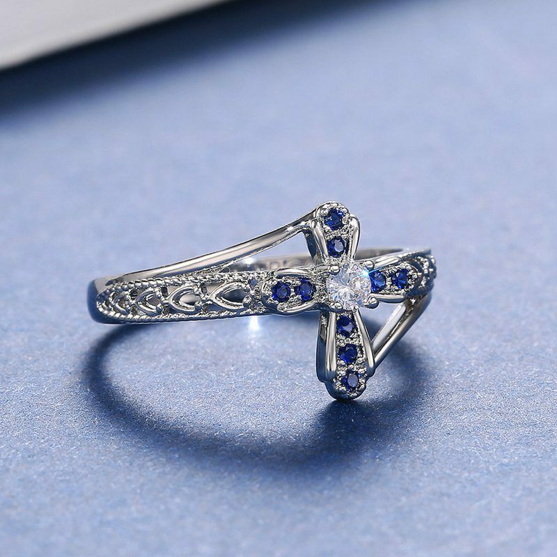 0.50 Ct Round Cut Blue Sapphire & White Diamond 925 Sterling Silver Cross Ring