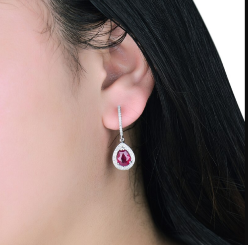 3.75 CT Pear Cut Red Ruby 925 Sterling Silver Halo Drop Dangle Engagement Wedding Earrings