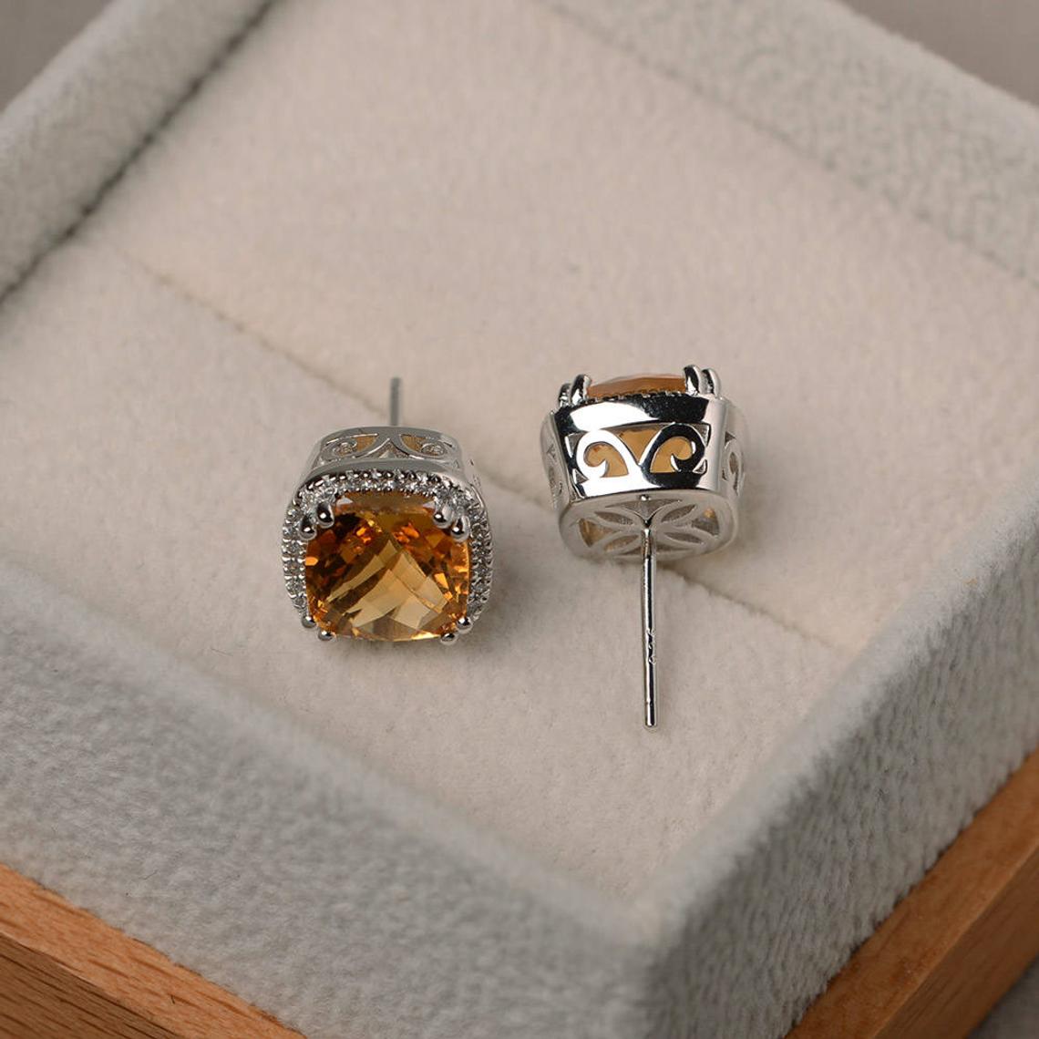 2.20 Ct Cushion Cut Yellow Citrine 925 Sterling Silver Halo Engagement Earrings